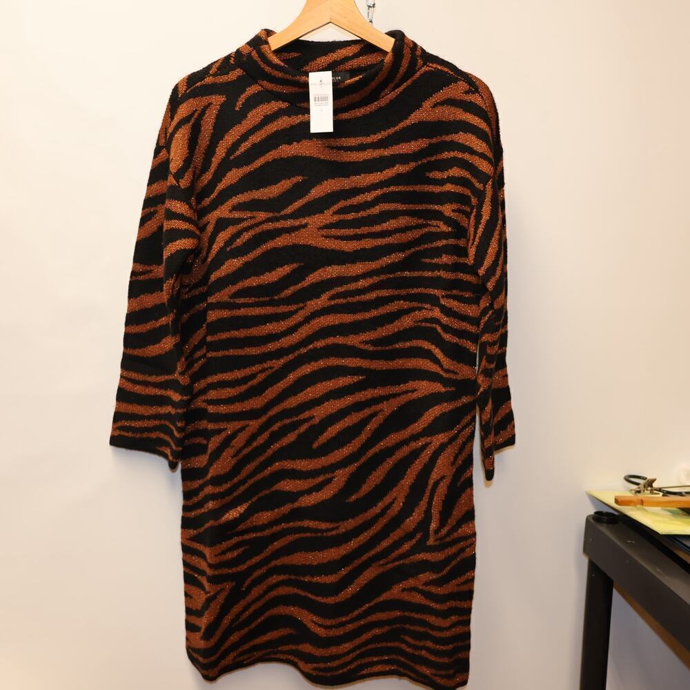 Ann Taylor NWT Sweater Dress Midi Jaquard Brown Black Collar Long  sleeve Sz XS